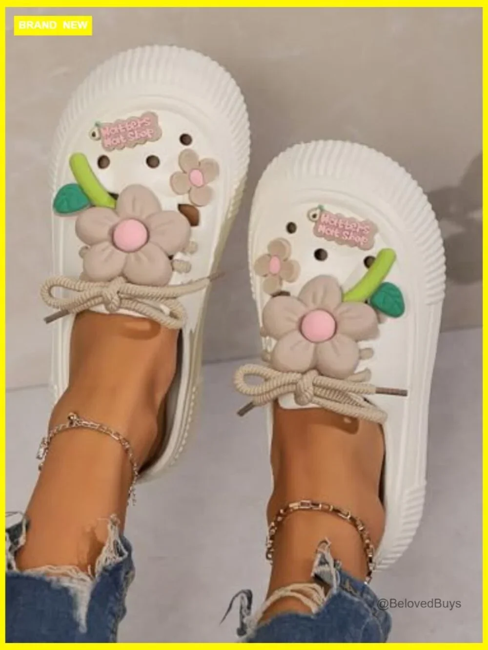 Platform Slide Sandals with Bow and Flower Charms, Cushioned Footbed